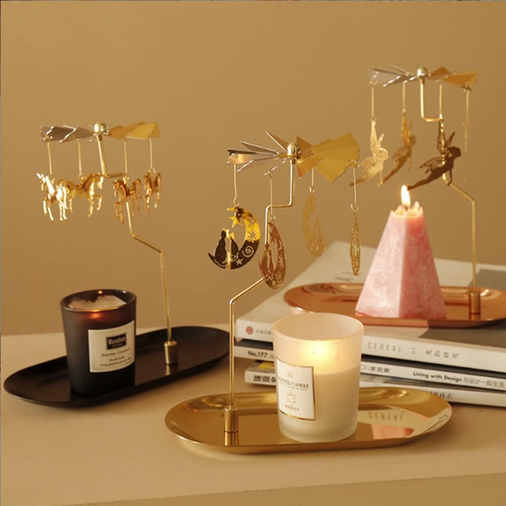 Spinning Candle Holder with Tray, Golden Candle Spinner,Rotating Metal Tea Light Candle Holder for Table Centerpiece Valentine's Day, Xmas Party Decor or Gift (Elf)