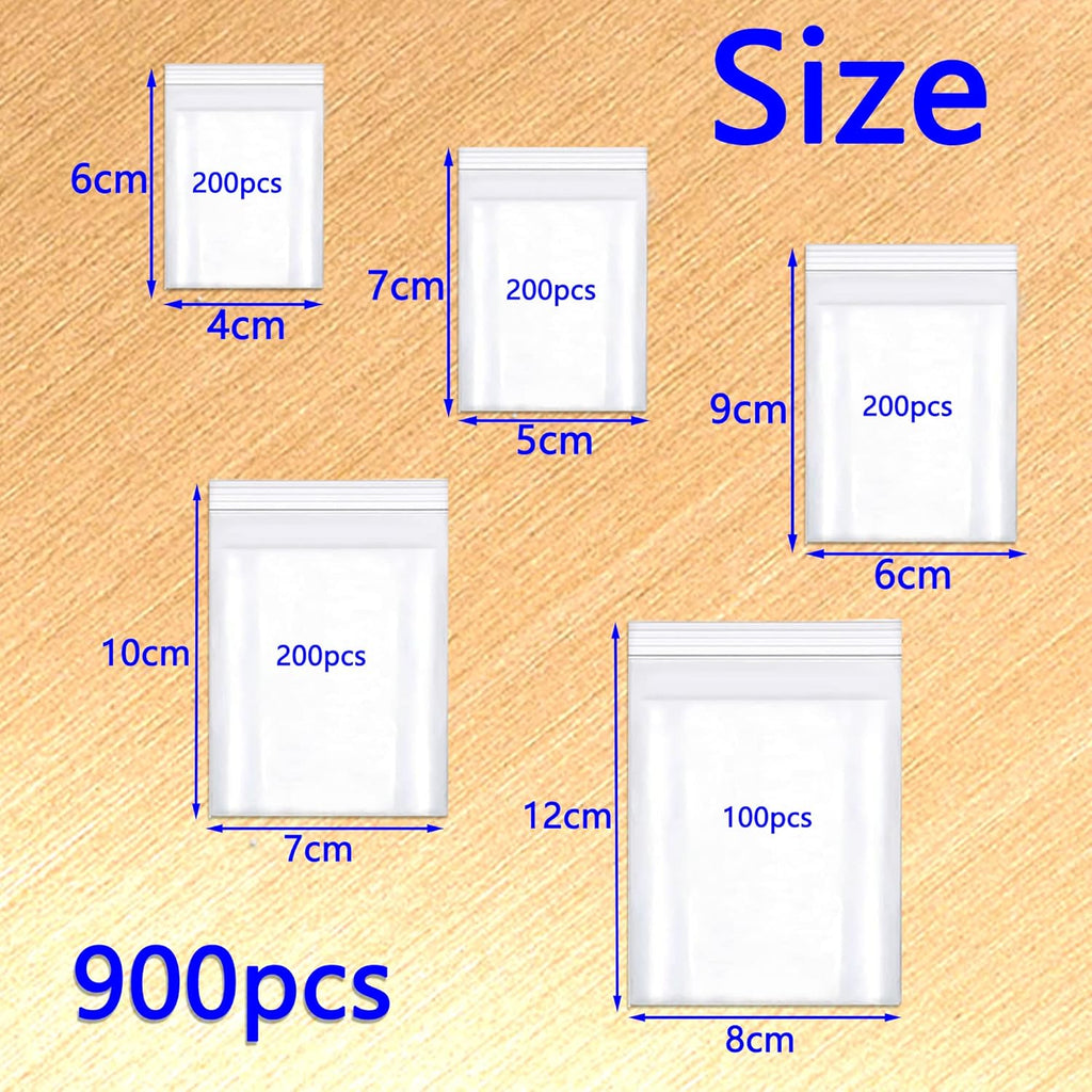 900pcs Grip Seal Bags Mixed Size Small Clear Resealable Storage Pouches Poly Perfect for Small Cookies Sweets Jewellery and Diamond Painting 100µ