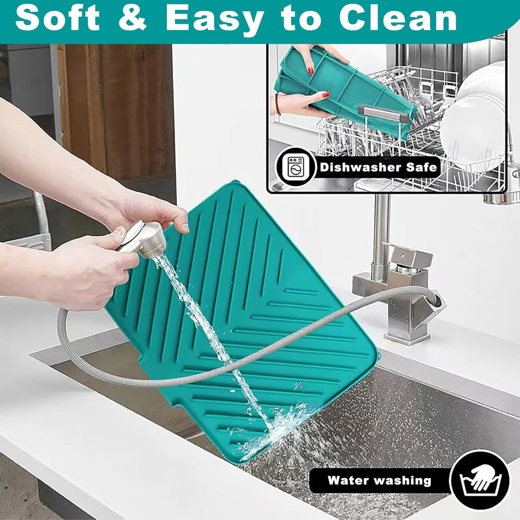 Dish Drying Mat, Silicone Dish Draining Mat with Double Hanging Hole, Thicken Self Drying Mat-Soft & Easy to Clean, Draining Board Mats for kitchen Counter-Green (15.7inch x 13.6 inch)