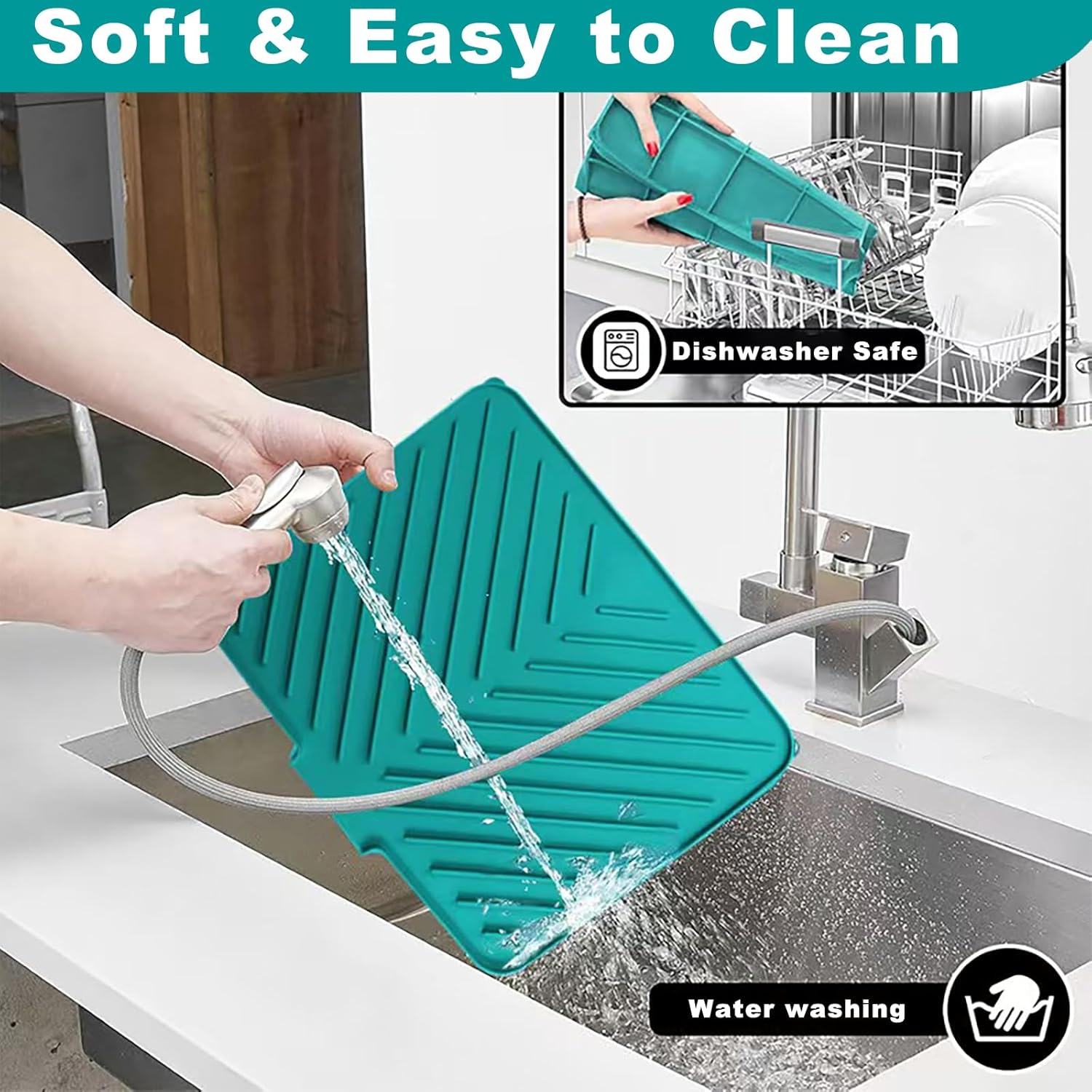 Dish Drying Mat, Silicone Dish Draining Mat with Double Hanging Hole, Thicken Self Drying Mat-Soft & Easy to Clean, Draining Board Mats for kitchen Counter-Green (15.7inch x 13.6 inch)