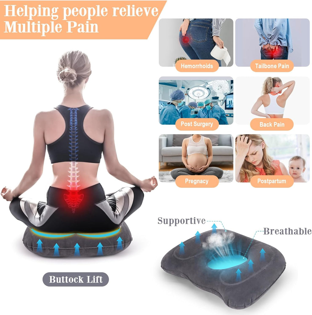 Inflatable Hemorrhoid Pillows, Donut Pillow for Tailbone Pain, Adjustable Inflatable Seat Cushion for Bed Sores, Postpartum Pregnancy, Car Seat, Airplane, 17.7'' x 15.4'' x 4.3''(Grey)