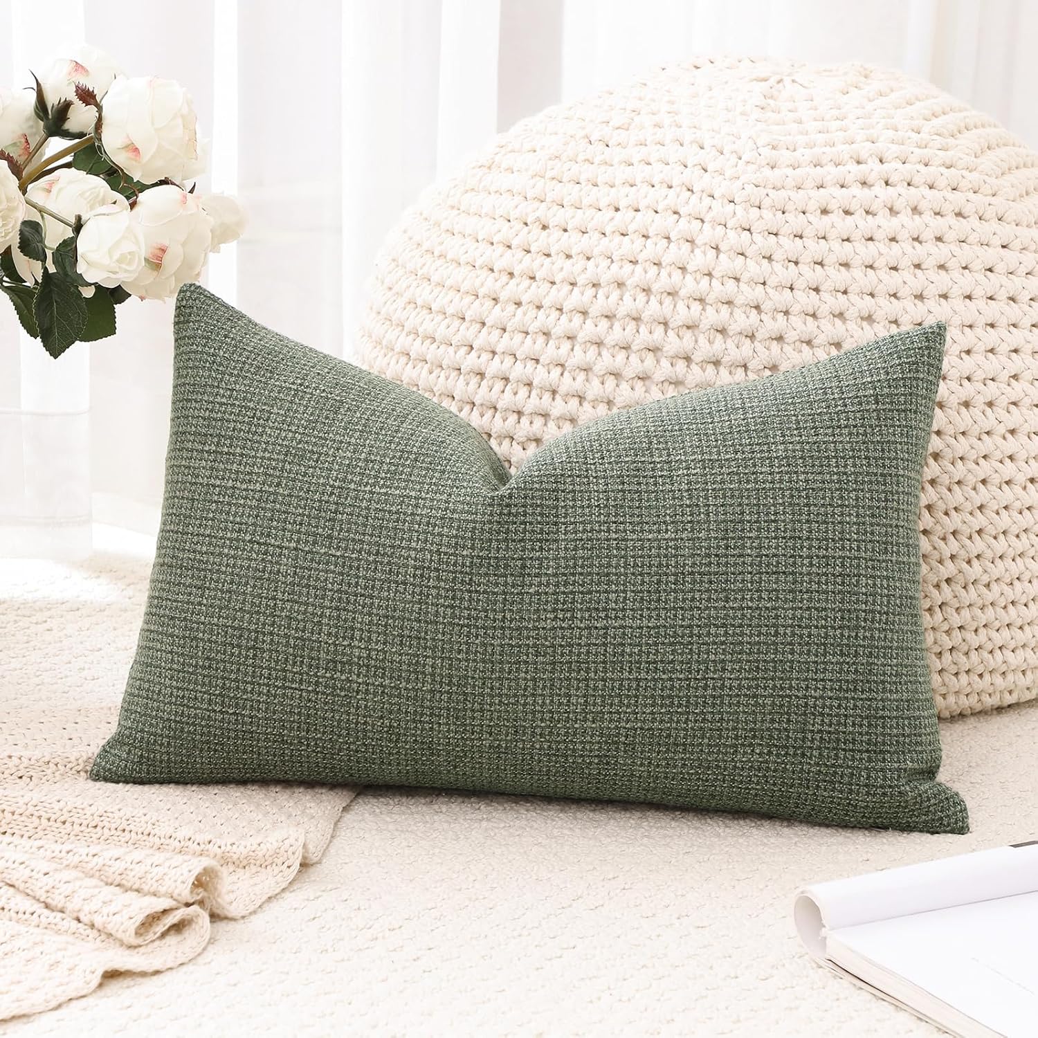 Artscope Linen Cushion Covers Set of 1 Decorative Lumbar Pillowcase Pillow Cover 12x20 Inch for Home Decor Sofa Bedroom Car 30x50cm Gray Green