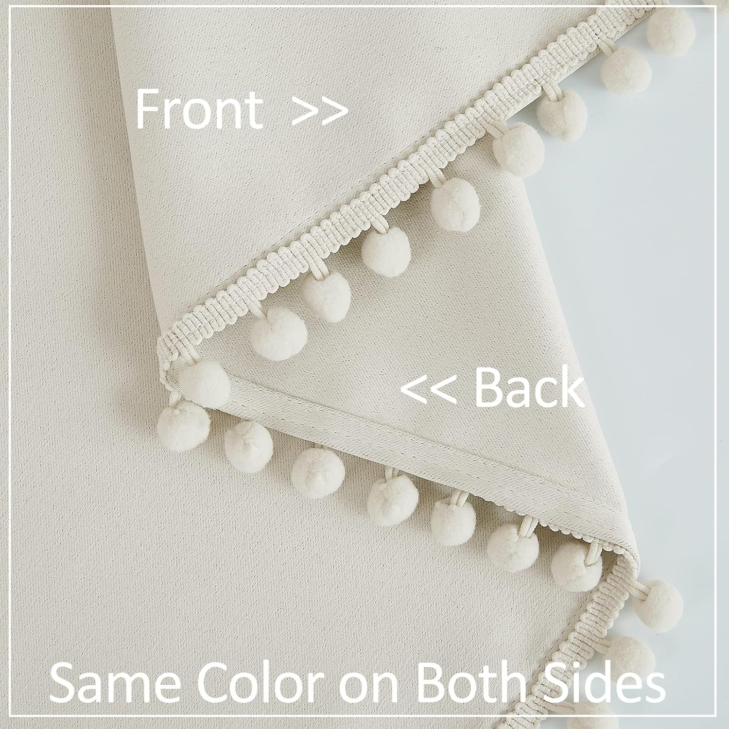 Ivory Blackout Curtains Cute Pom-Pom Trimming Drapes for Girls Kids Room 54 inches Pencil Pleat 100% Blackout Beige Curtains Thermal Insulated Room Darkening Window Treatments for Office, 50" w 2pcs