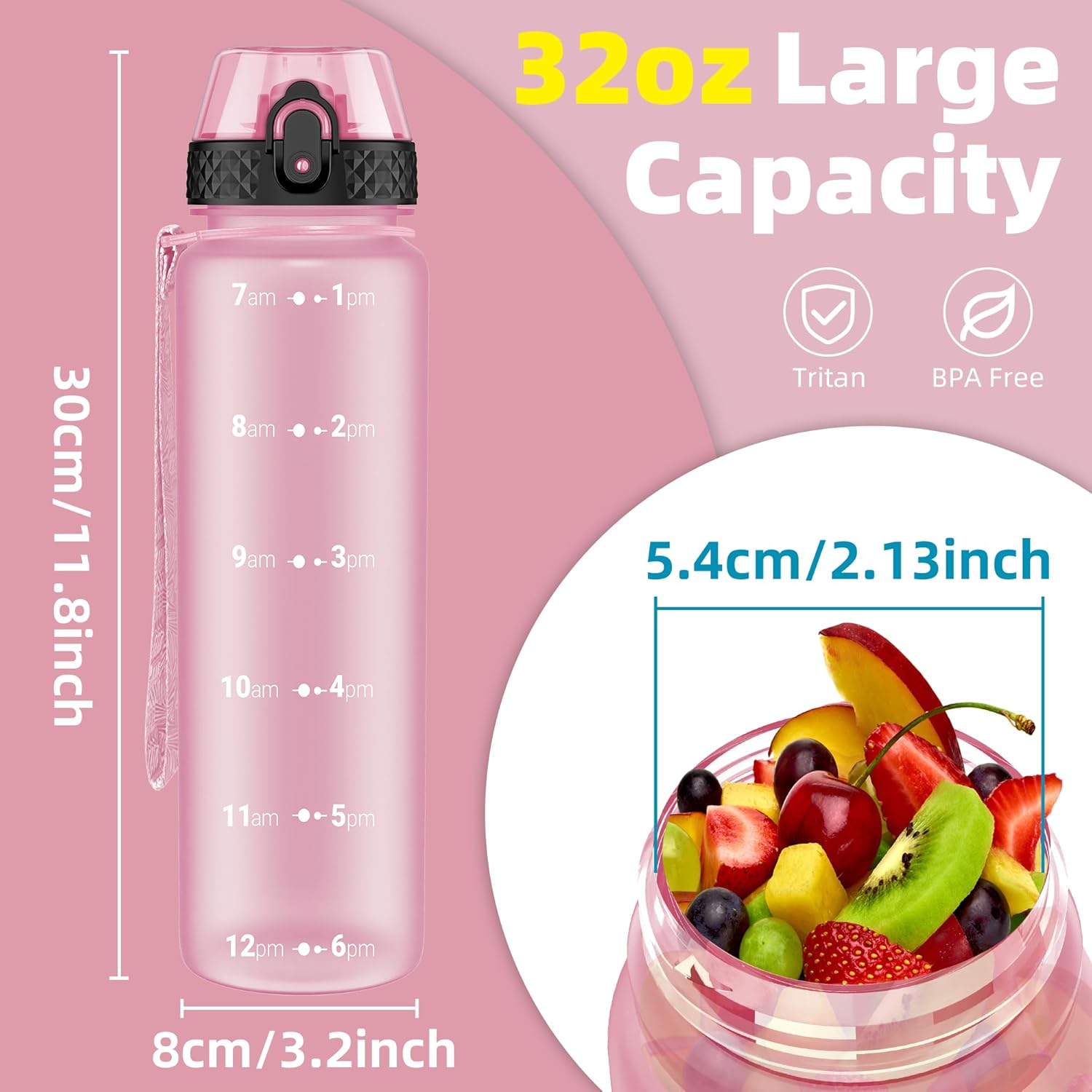 1L/32oz Sports Water Bottle with Straw, 1000ml Motivational Drinks Bottle with Time Markings Leak Proof Drink & Lock Cover, BPA Free for Gym School Cycling Running Hiking
