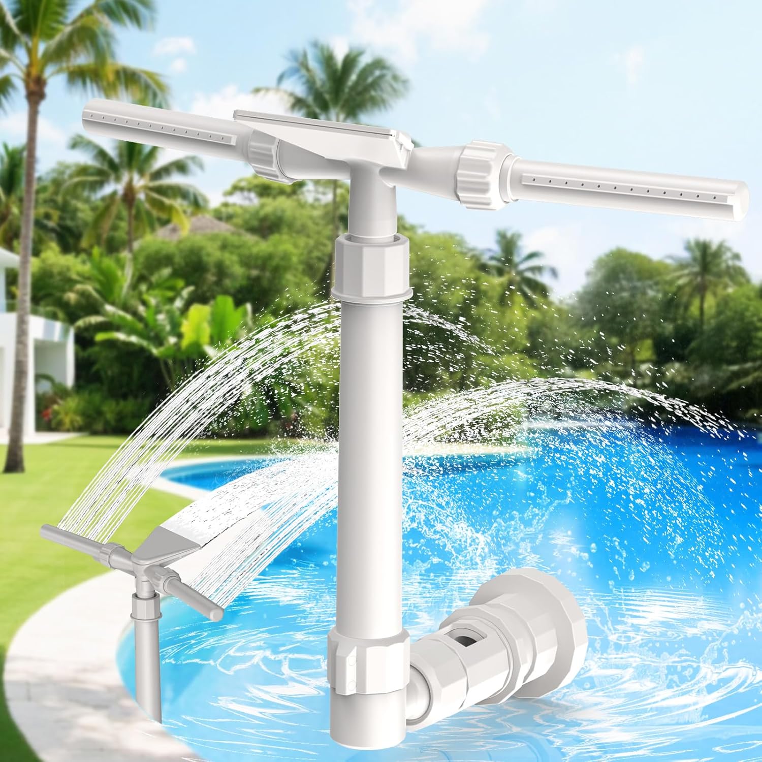 Pool Fountain for Above and In-Ground Pools, XJUGEZ 360° adjustable Dual Mode Waterfall pool sprinkler fountain, pressure and height adjustable pool accessories for ground pools, multi-size interfaces Main image