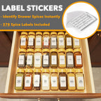 Bamboo Spice Drawer Organizer with 24 Spice Jars, 378 White Minimalist Spice Labels, 3 Tier Seasoning Rack Tray Insert for Kitchen Drawers, 15" Wide x 15" Deep x 2.6" Tall
