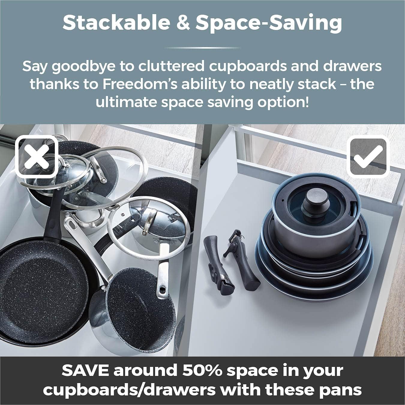 Freedom T800201 7 Piece Cookware Set with Ceramic Coating, Stackable Design and Detachable Handle, Graphite, Aluminium, Black