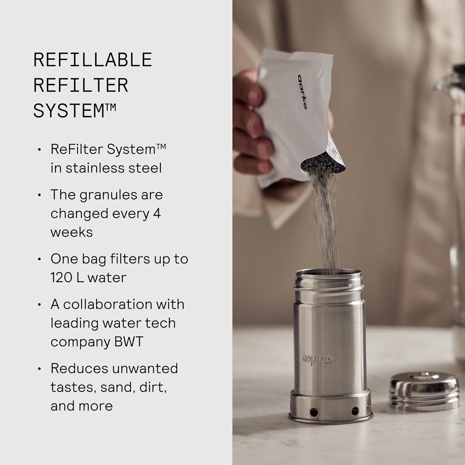 Purifier Large, Water Filter Jug in Glass and Stainless Steel, 1.7L / 7 Cups, Includes Aarke Pure Filter Refill Bag