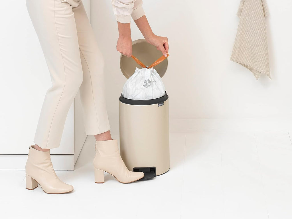 Brabantia - NewIcon Pedal Bin 12L - Medium Waste Bin for Kitchen or Bedroom - Soft Closing Lid - Light Pedal Operation - with Removable Inner Bucket - Non-Slip Base - Soft Beige - 25 x 34 x 41 cm