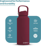 OMNIA Vacuum Insulated Stainless Steel Water Bottle, 2 Lids (Straw & Spout) Leakproof, BPA-Free, Reusable Flask, Hot & Cold Thermos for Sports, Gym, Travel, Outdoors (Burgundy, 1000ML)
