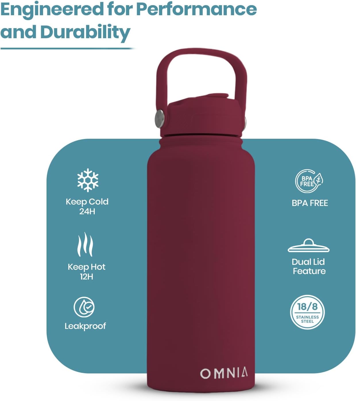 OMNIA Vacuum Insulated Stainless Steel Water Bottle, 2 Lids (Straw & Spout) Leakproof, BPA-Free, Reusable Flask, Hot & Cold Thermos for Sports, Gym, Travel, Outdoors (Burgundy, 1000ML)