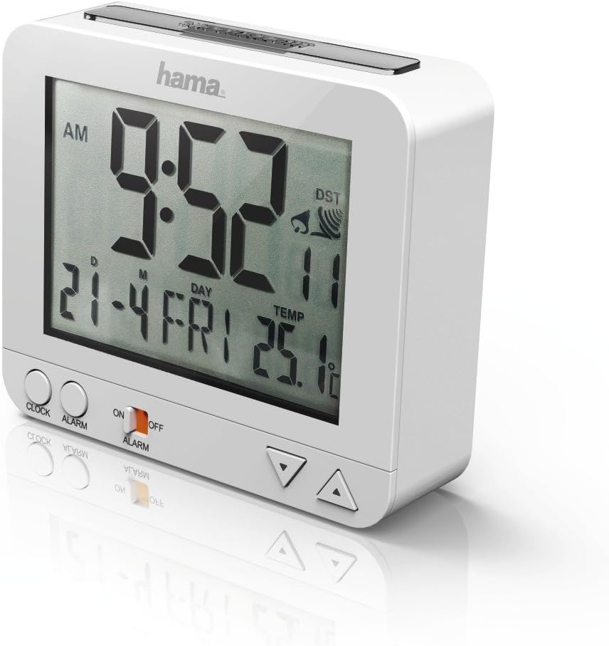 Radio-Controlled Alarm Clock RC550 (Sensor-controlled Night Light, Snooze, Temperature and Date Display) Plastic, White, 9.5 cm