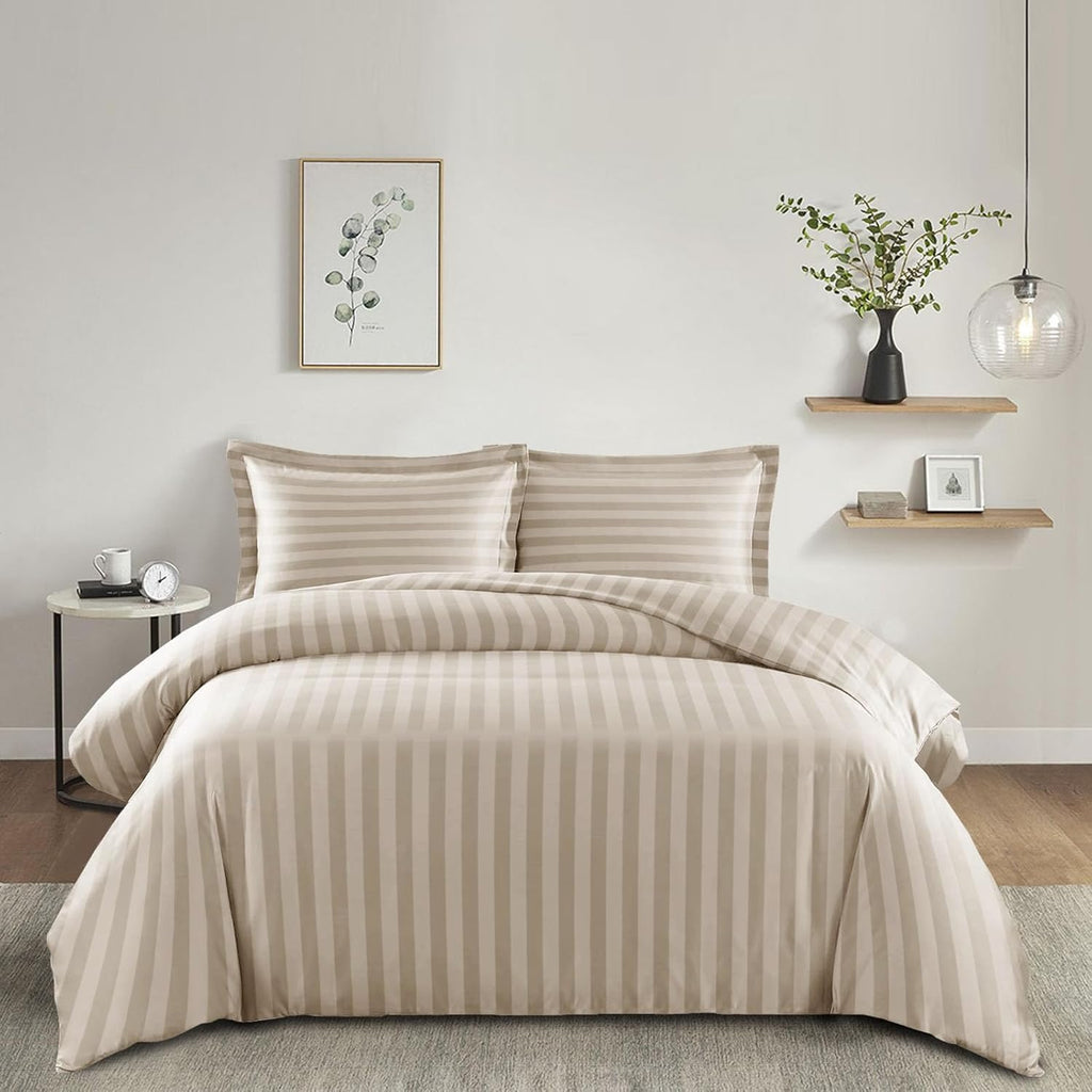 Imperial Rooms King Size Duvet Cover Sets Reversible Stripes Satin Bedding Set with Pillowcases Breathable Microfiber Duvet Covers (Beige 230x220 Cm)