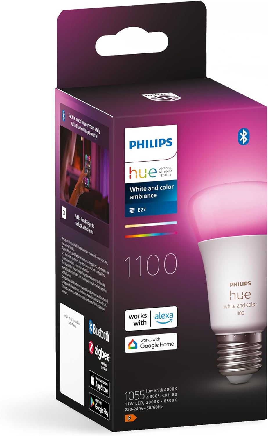 New White and Colour Ambiance Smart Light Bulb 75W - 1100 Lumen [E27 Edison Screw] with Bluetooth. Works with Alexa, Google Assistant and Apple Homekit.
