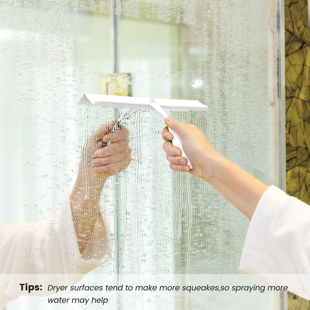 Shower Squeegee for Shower Glass Doors, Bathroom Squeegee for Shower, with No-Drilling Hanging Hook, Non-Slip Handle Silicone Squeegee for Mirror, Car, Window, Glass (White)
