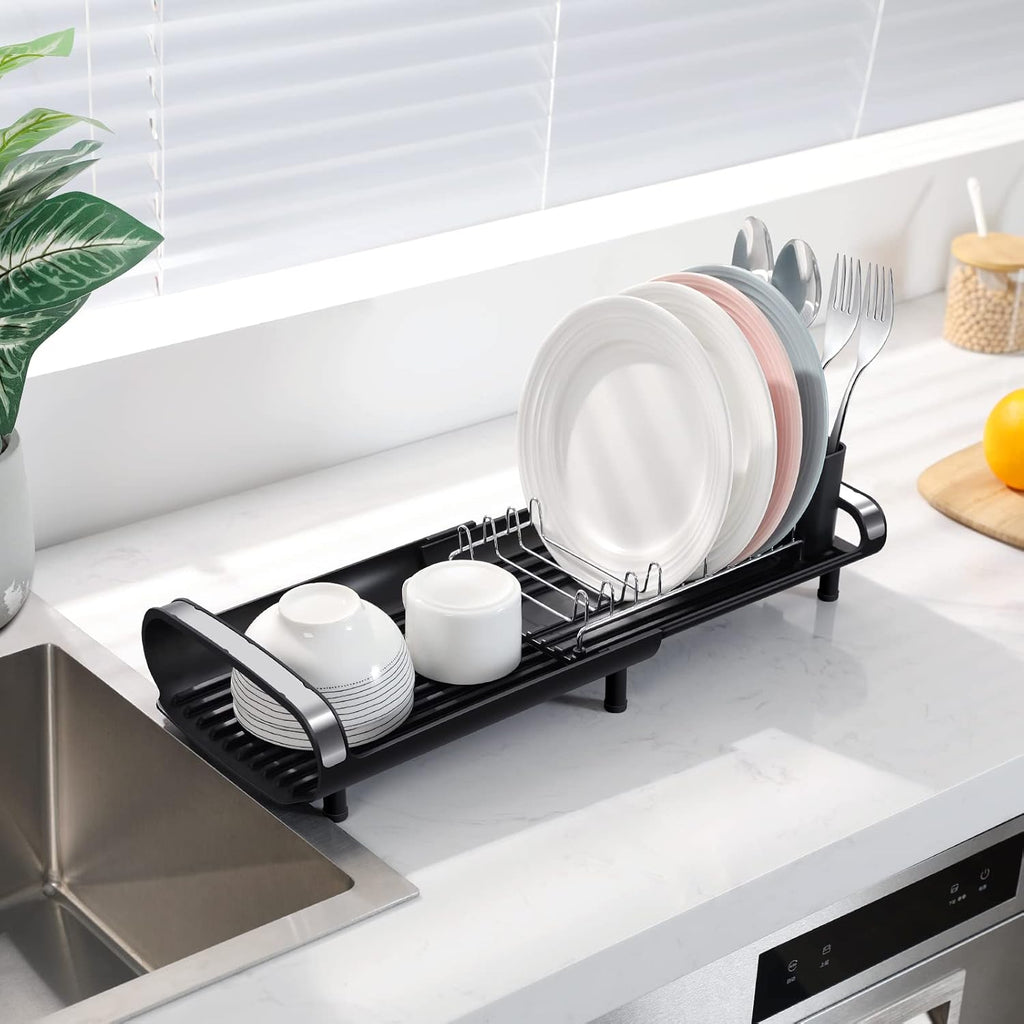 Small Dish Drainer, Expandable Dish Drainer Rack, Dish Rack With Removable Cutlery Holder, Anti Rust Small Sink Drainer, Expandable Draining Board Rack For Kitchen Counter, Black