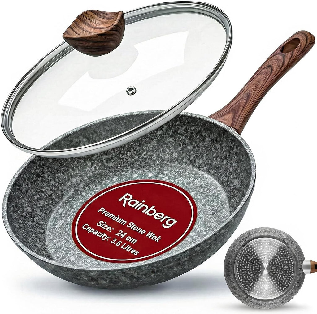 24CM Frying Pan with Lid, Granite Nonstick Frying Pans with Lid, Stone Frying Pan, Induction Compatible (24CM)
