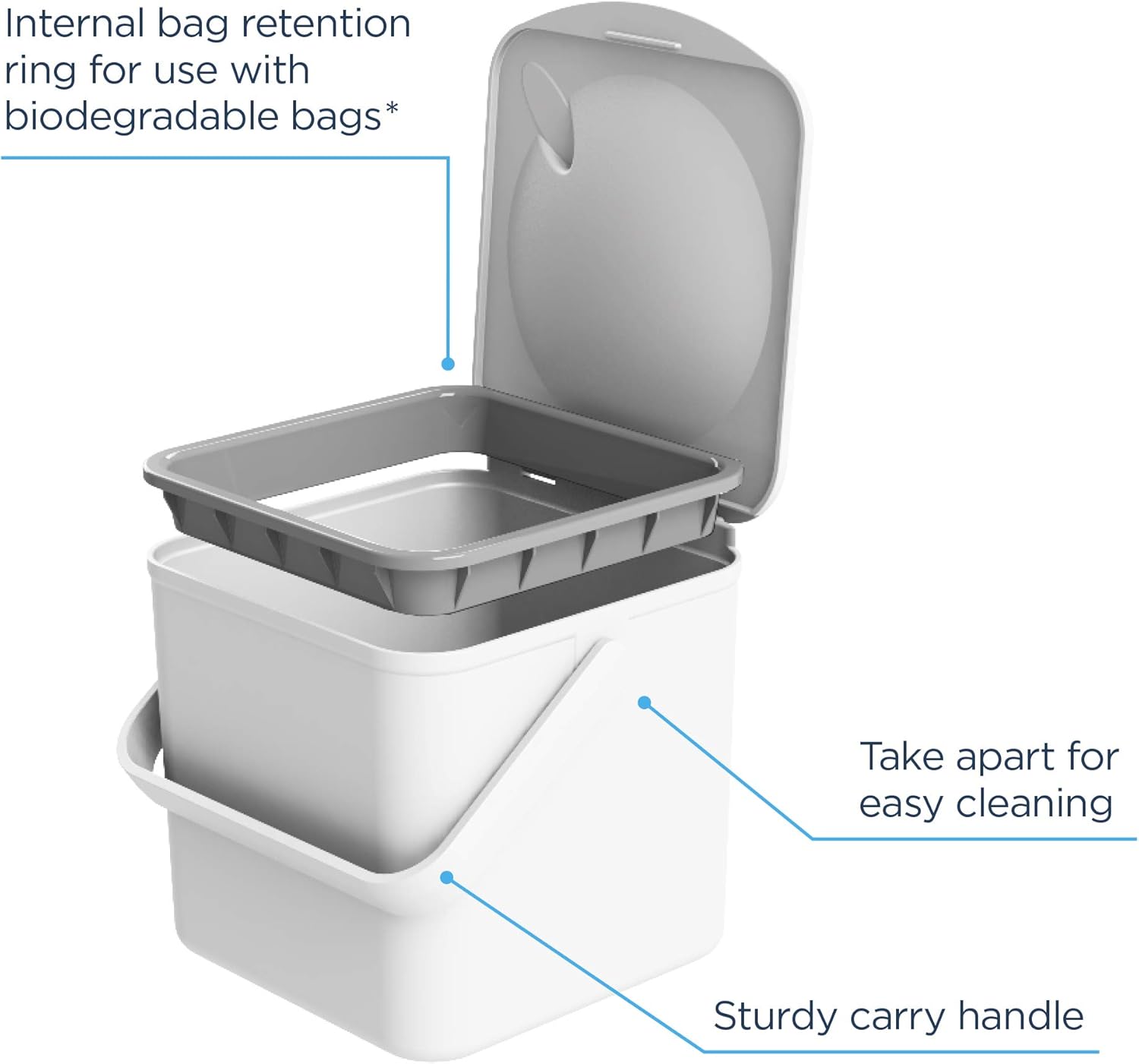 3.5L Caddy, Kitchen Food Waste Caddy, Recycle Bins for Kitchen, Multipurpose Storage Caddy, Removable Bag Retention Ring & Sturdy Handle, Choice of Colours, Made in the UK