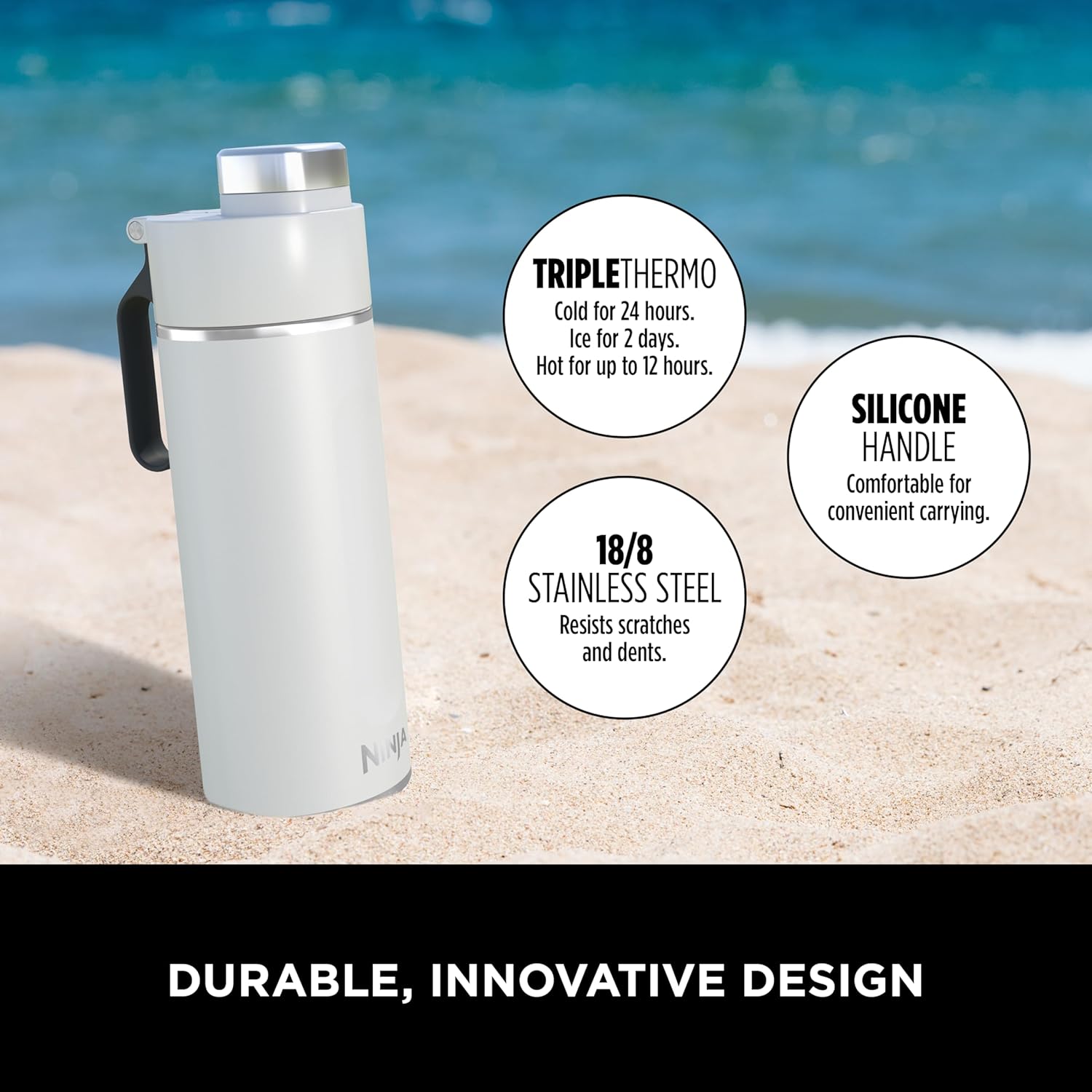 Ninja Thirsti Water Bottle and Flask 530 ML With Leak-Proof Lid, Designed For Carbonated, Hot & Cold Drinks, Ideal For Travel & Sports, Triple Insulated, Stainless Steel Bottle, White, DW1801EUUKWH