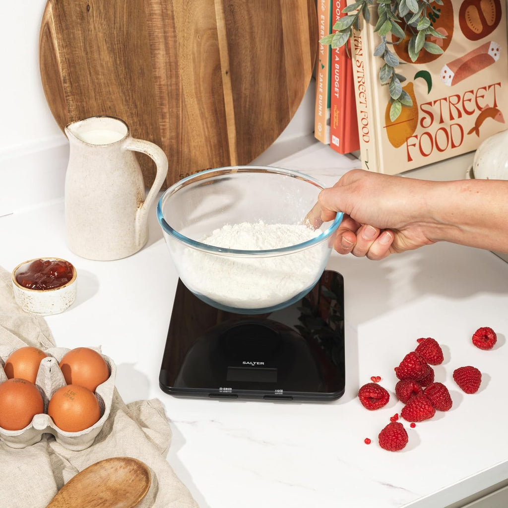 1150 BKDR Digital Kitchen Scales, Stylish Glass Design, Cooking Scale for Home/Kitchen, Measures Liquids & Fluids, Metric/Imperial, Add & Weigh Function, Red Easy Read Display, Black