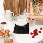 1150 BKDR Digital Kitchen Scales, Stylish Glass Design, Cooking Scale for Home/Kitchen, Measures Liquids & Fluids, Metric/Imperial, Add & Weigh Function, Red Easy Read Display, Black