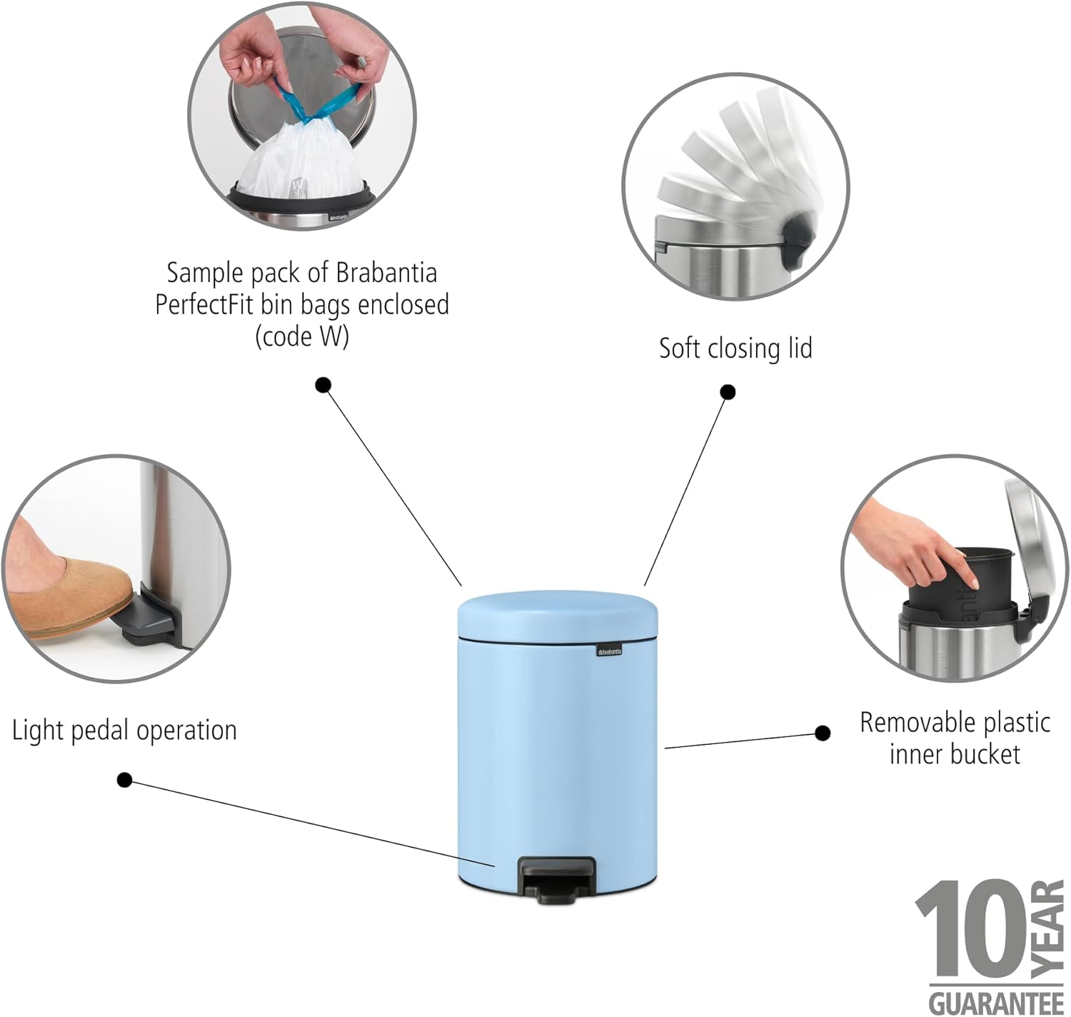 NewIcon Pedal Bin 5L - Small Waste Bin for Bathroom or Toilet - Soft Closing Lid - Light Pedal Operation - with Removable Inner Bucket - Non-Slip Base - Dreamy Blue - 21 x 27 x 29 cm Secondary image