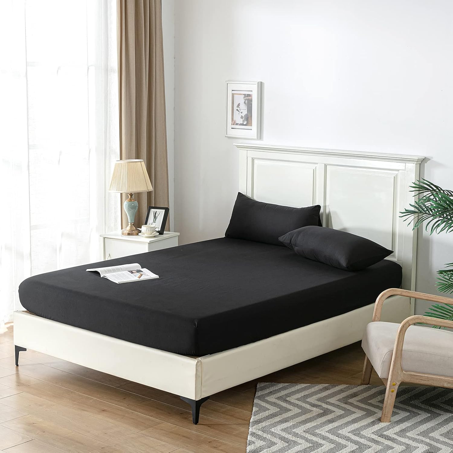 Double Fitted Sheet Bed Sheets 25CM Extra Deep Pocket Soft and Breathable Fitted Bedding Sheets (Black, Double)