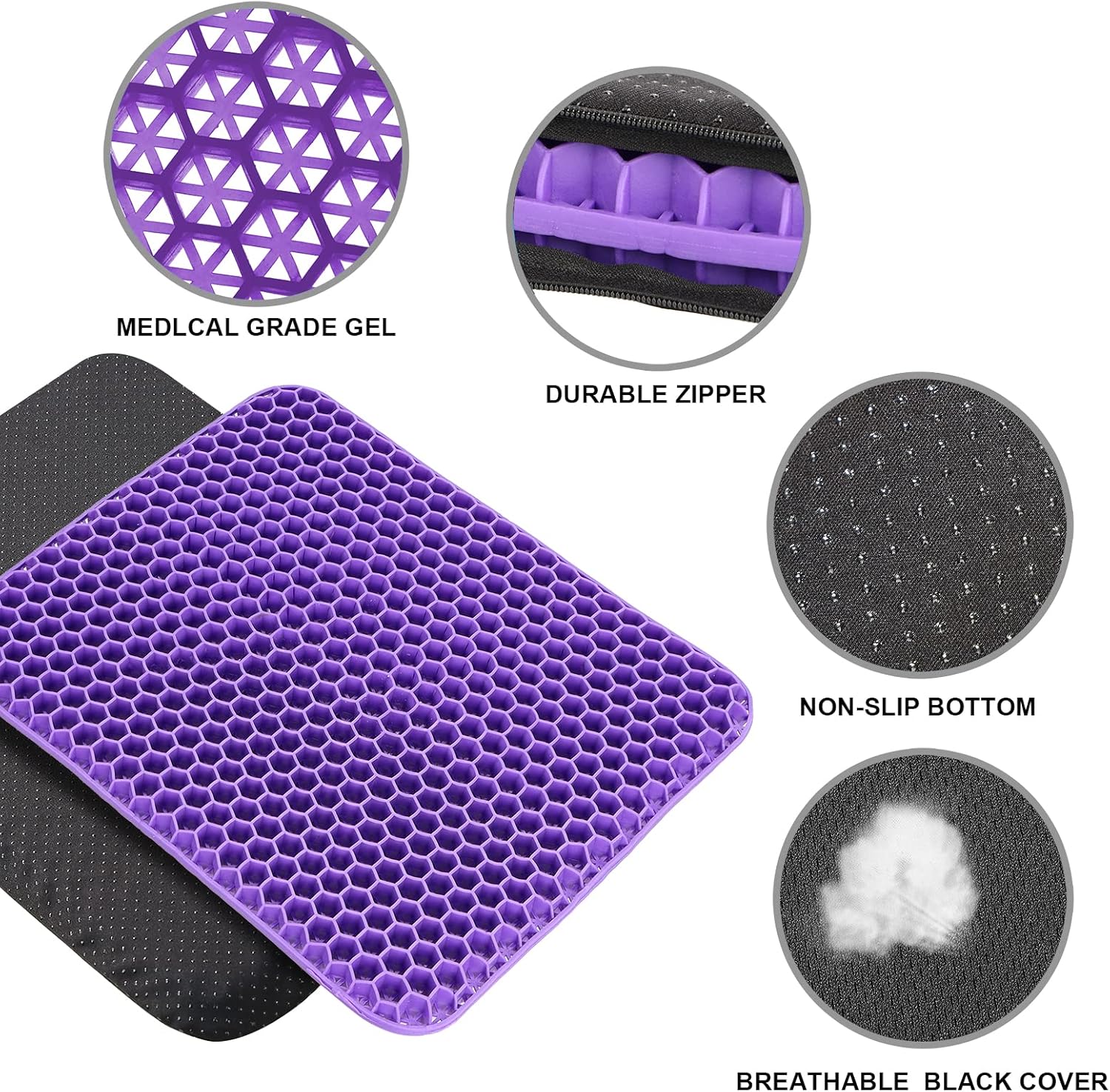 Gel Seat Cushion Double Thick - Honeycomb Breathable Office Chair Cushion for Back, Hip & Sciatica Pain Relief - Non-Slip Cool Gel Car & Wheelchair Cushion (Home/Work Use)