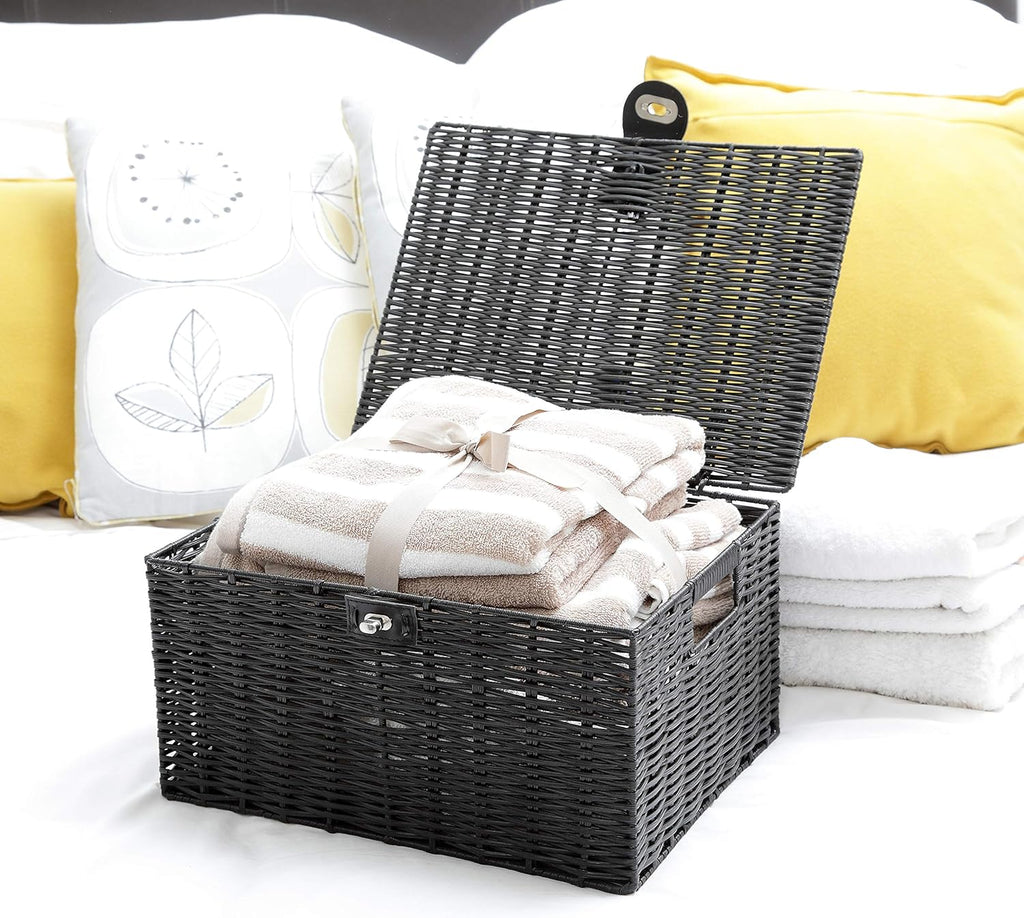 Large Resin Woven Storage Basket Box With Lid & Lock - Black