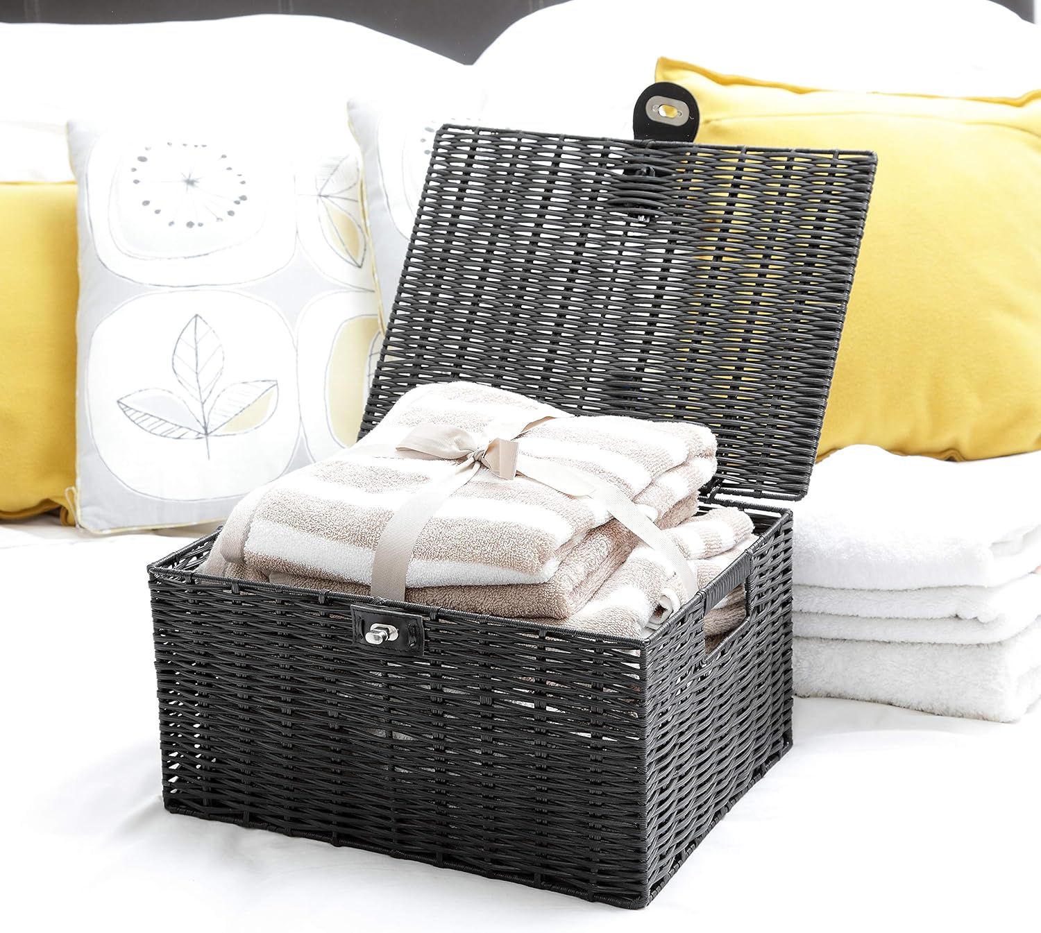 Large Resin Woven Storage Basket Box With Lid & Lock - Black