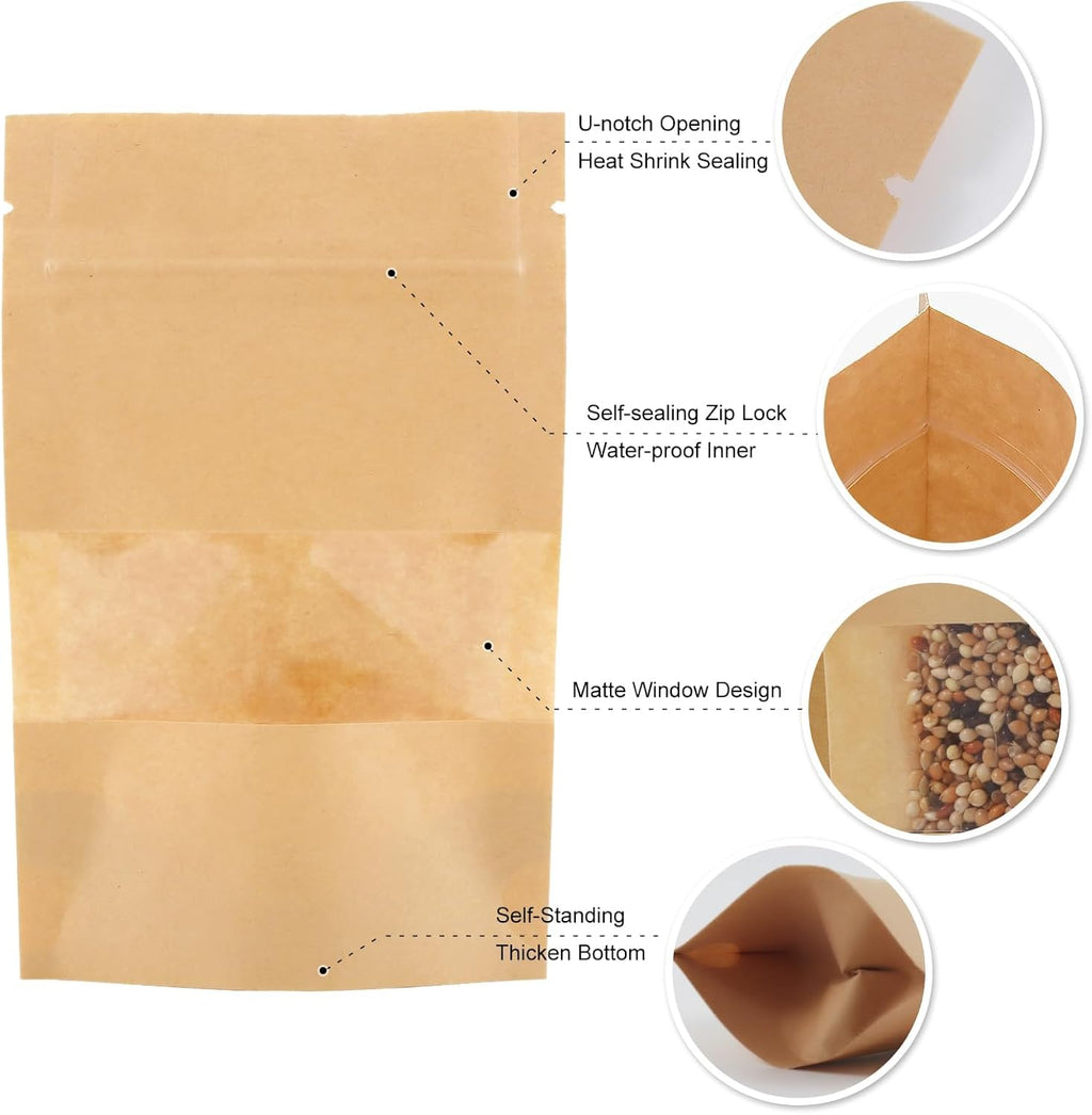 100PCS Kraft Paper Bags With Window 10X15cm Sealable Ziplock Pouches Waterproof for Nut Coffee Beans Tea Leaves Spices Food Storage