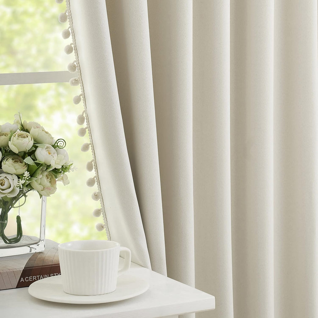 Ivory Blackout Curtains Cute Pom-Pom Trimming Drapes for Girls Kids Room 54 inches Pencil Pleat 100% Blackout Beige Curtains Thermal Insulated Room Darkening Window Treatments for Office, 50" w 2pcs