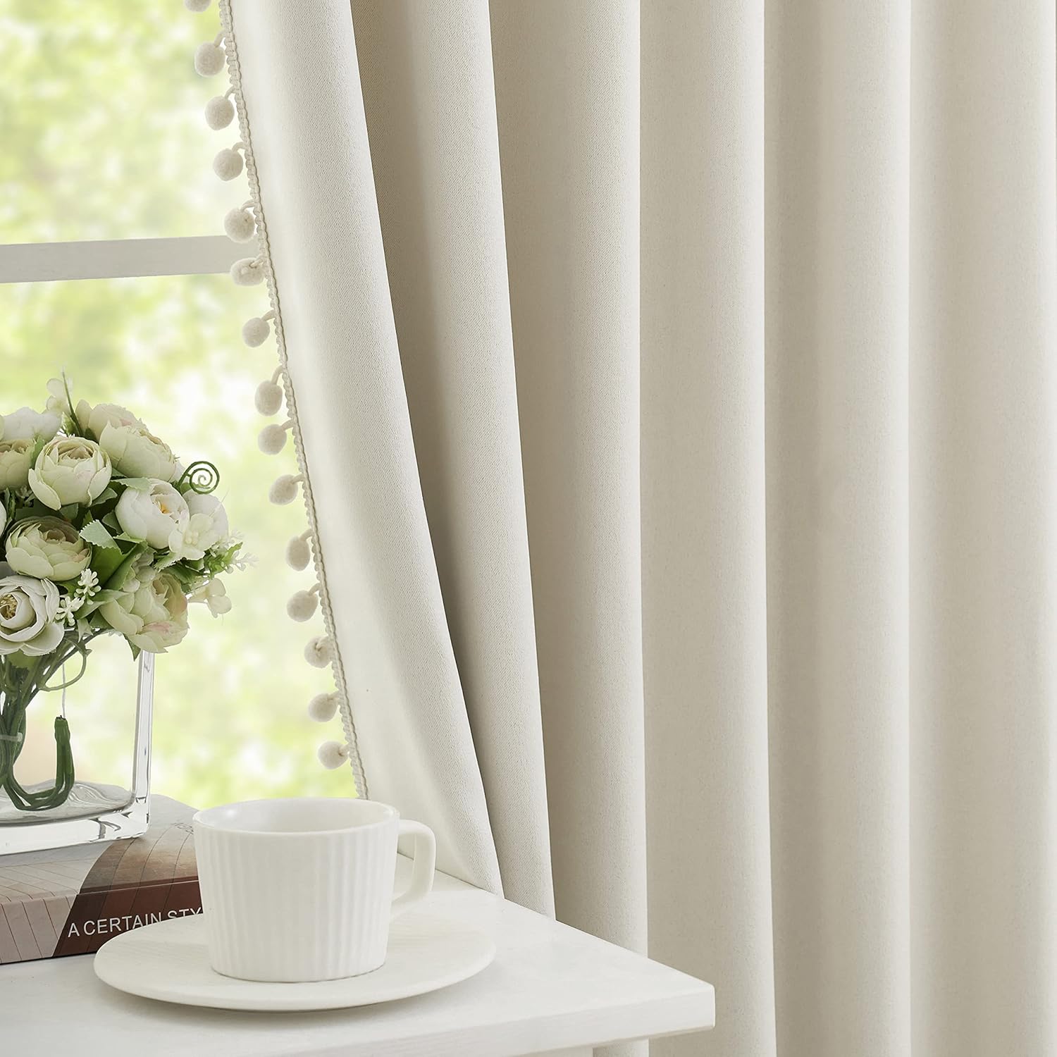 Ivory Blackout Curtains Cute Pom-Pom Trimming Drapes for Girls Kids Room 54 inches Pencil Pleat 100% Blackout Beige Curtains Thermal Insulated Room Darkening Window Treatments for Office, 50" w 2pcs
