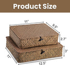 Elsjoy 2 Pack Seagrass Storage Box with Lid, Wicker Storage Baskets Flat Rattan Storage Bins, Woven Organizer Baskets for Shelf, Closet, Bedroom
