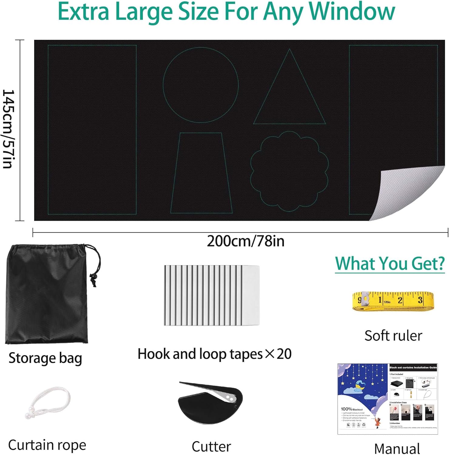 100% Blackout Blind,200 x 145 CM Stick on Blackout Blinds for Windows,No Drill Portable Temporary Fits Any Size Blackout Blinds with 20PCS Hook and Loop Tapes for Bedroom Loft Car Travel