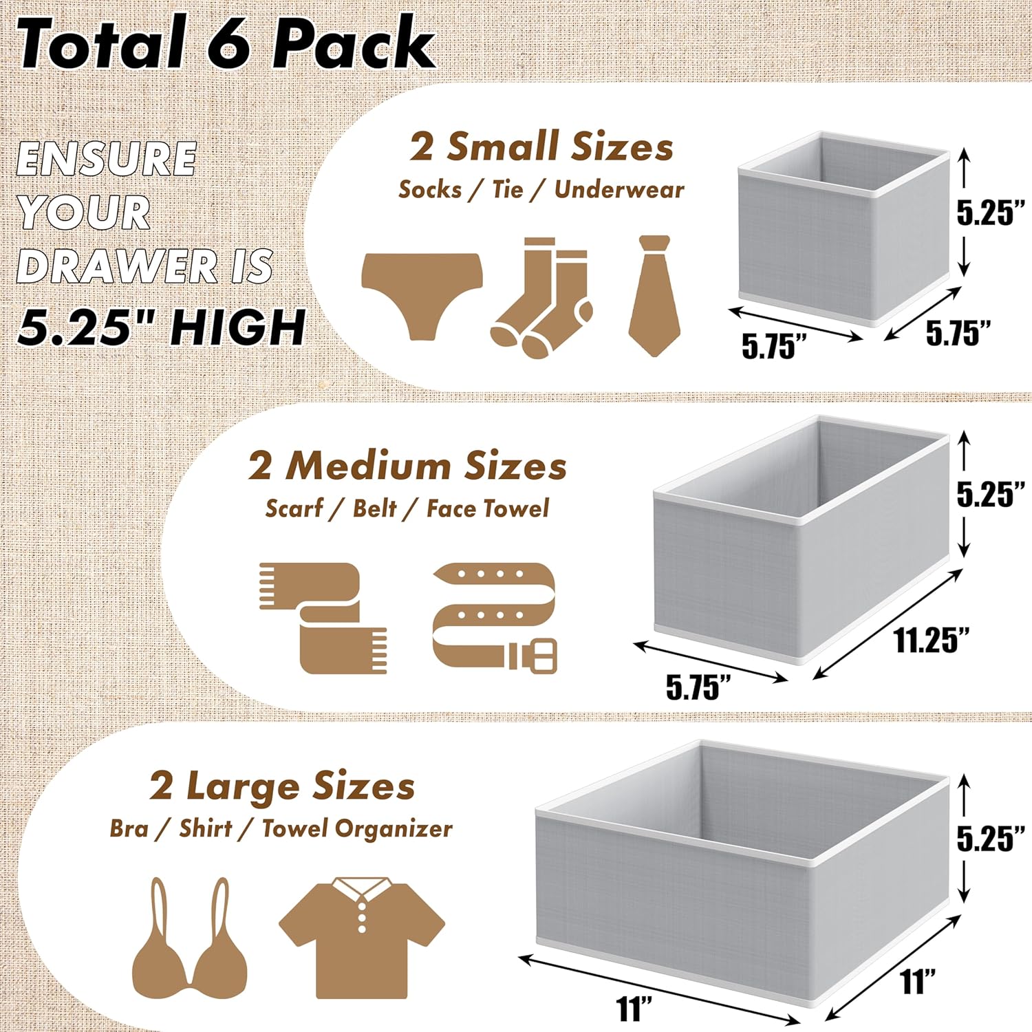 Simple Houseware Foldable Cloth Storage Box Closet Dresser Drawer Divider Organizer Basket Bins for Underwear Bras, Gray (Set of 6) Secondary image