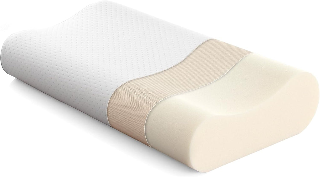 Contour Memory Foam Pillow Ergonomic Head Neck Support Pillows, Bed Pillow with 30% bamboo + 70% polyester Cover, for Side, Back, Stomach Sleepers, White 60×33×12/10cm