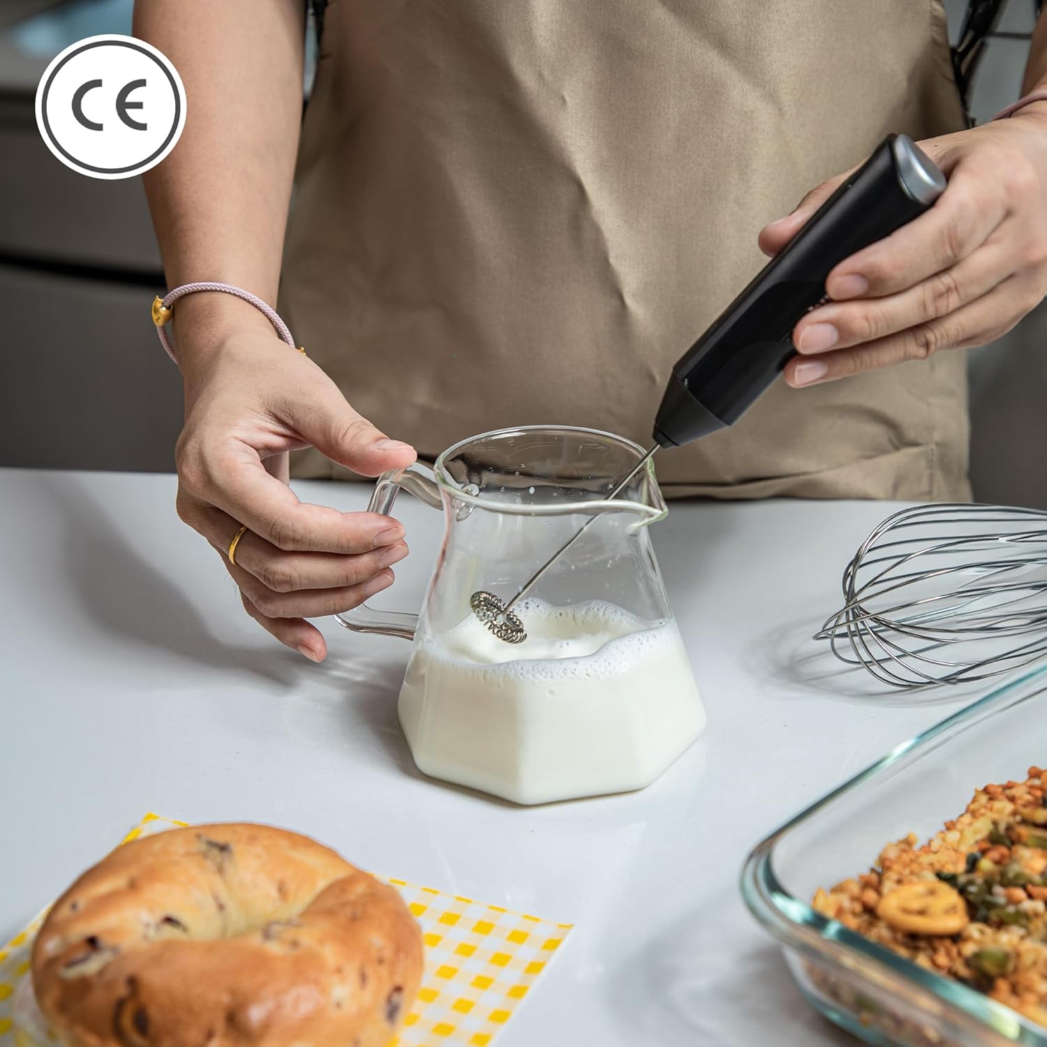 Handheld Milk Frother - Stainless Steel Electric Whisk - Portable Battery-Operated Coffee Frother for Lattes, Matcha, Protein Shakes - Ergonomic, Compact, Easy to Clean (Black)