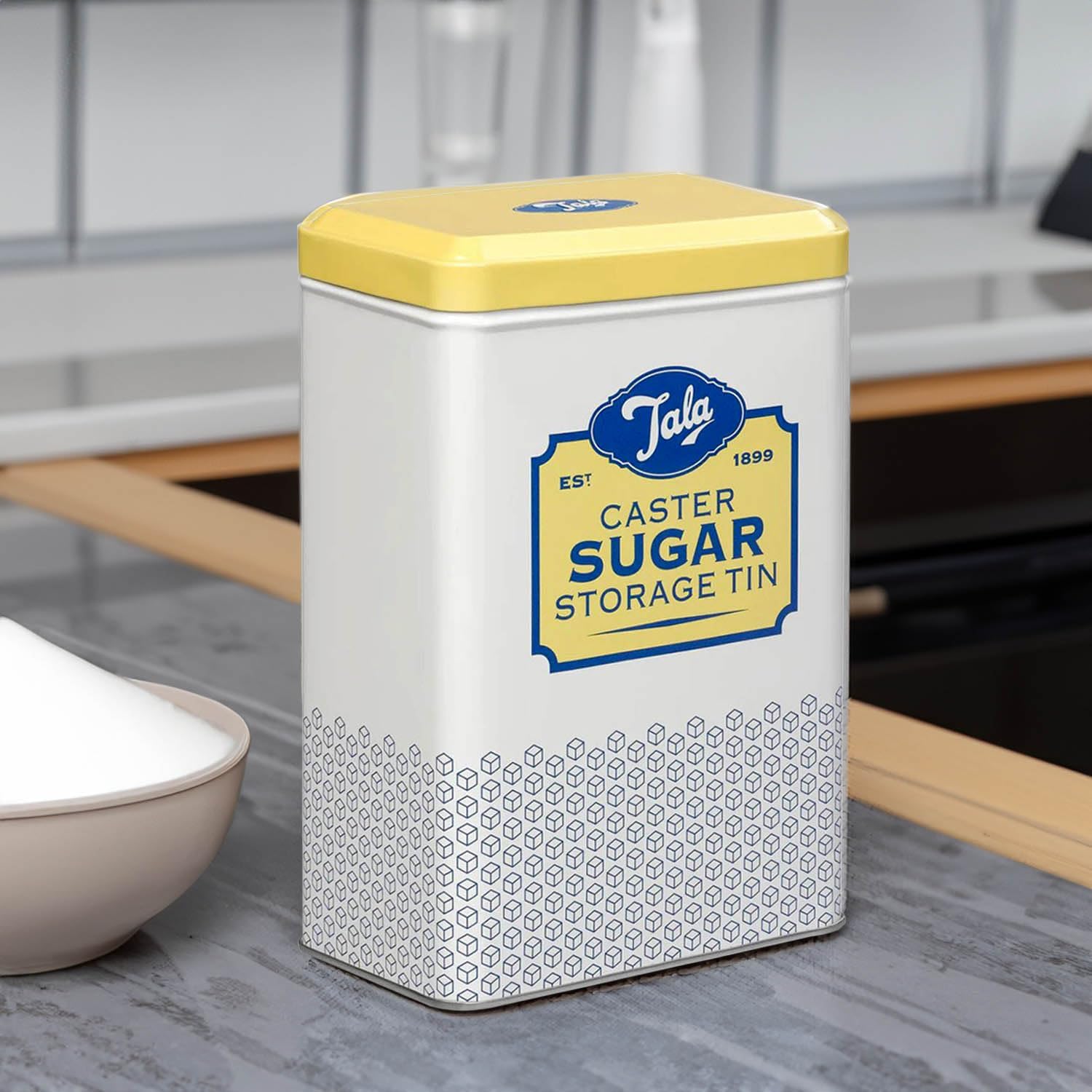 Tala Originals Storage Tin, Metal, Yellow and Cream Nostalgic Design, Holds a Full Bag of Caster Sugar (Sugar Not Included)