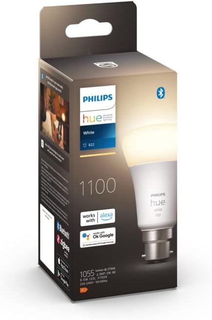 Philips Hue White Single Smart Bulb LED [B22 Bayonet Cap] - 1100 Lumens (75W Equivalent). Works with Alexa, Google Assistant and Apple Homekit