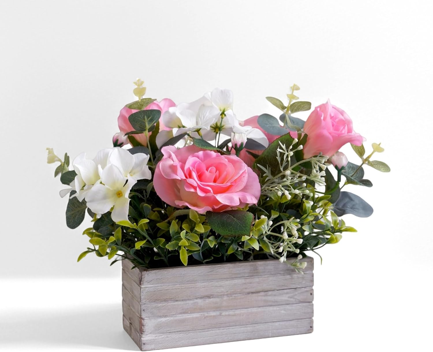 Artificial Flowers Pink Roses & Hydrangeas Floral Arrangements in Eco-friendly Wooden Pots Realistic Fake Floral Centerpiece for Home Wedding Indoor Outdoor Decoration Main image