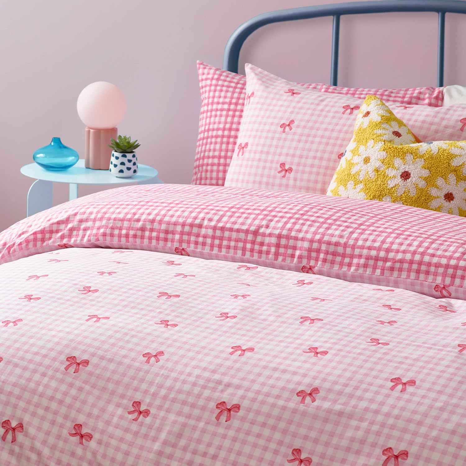 Heya Home Gingham Bows Bedding – Classic Gingham with Playful Bows Duvet Cover Set (Pink – Double)