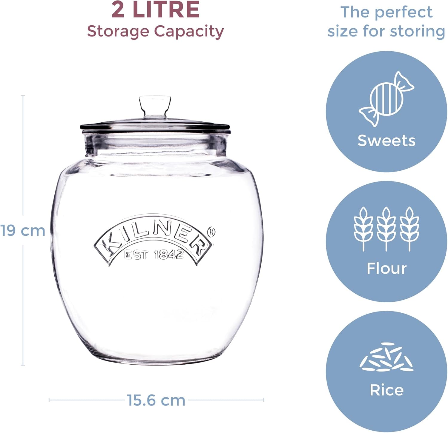 Universal Jar Push-Top Lid 2 Litre Glass Food Container with Silicone Seal Kitchen Pantry Storage for Dry Food Biscuits Sweets and Treats