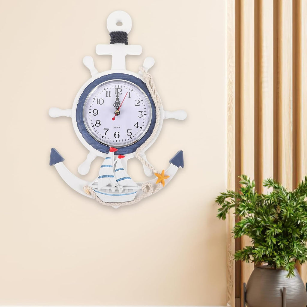 IMIKEYA Mediterranean Style Anchor Clock, Outdoor ClocksNautical Anchor Ship Steering Wheel Fishing Net Wall Clock for Beach Sea Theme Decor