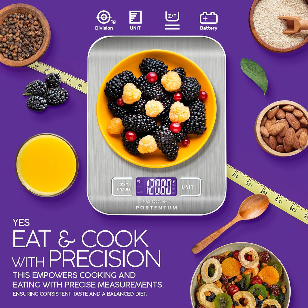 Digital Kitchen Scales 5kg/11lb with Large LCD Display, Food Scales with Large Stainless Steel Weighing Surface, Liquid Measurement, High Precision up to 1 g, Tare Function, Silver