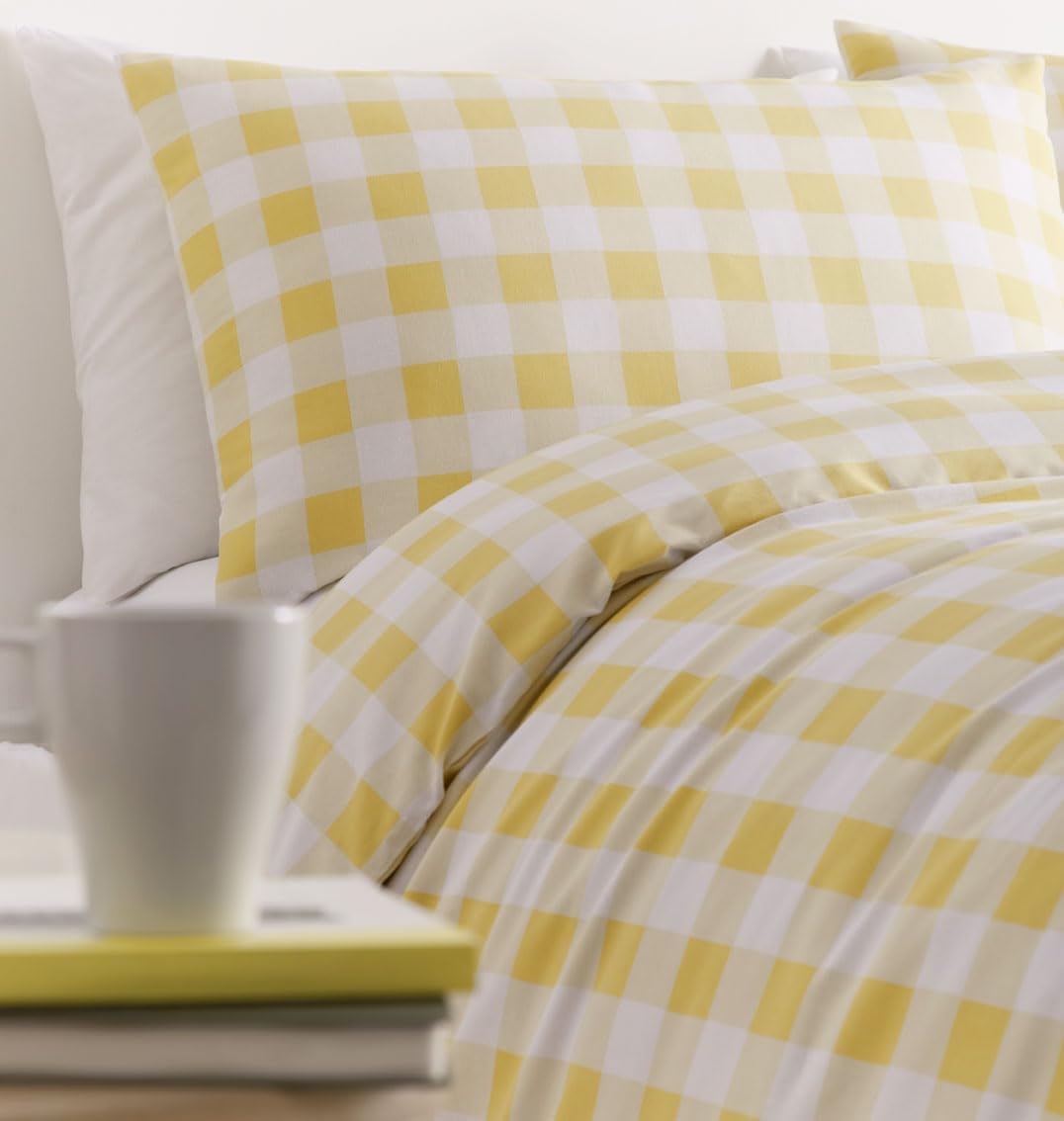 Gingham Duvet Sets Check Bedding Quilt Cover Pillow Cases (Yellow, Single) Secondary image