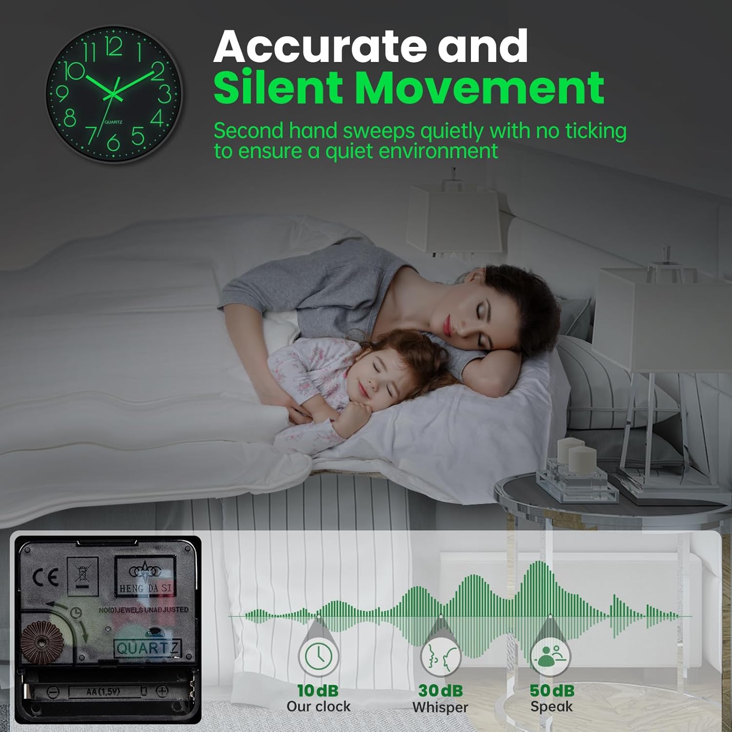 Luminous Wall Clock Bedroom Clock Non Ticking Silent Wall Clock Modern for Living Room Kitchen Office Bathroom Battery Operated Grey Glow in the Dark