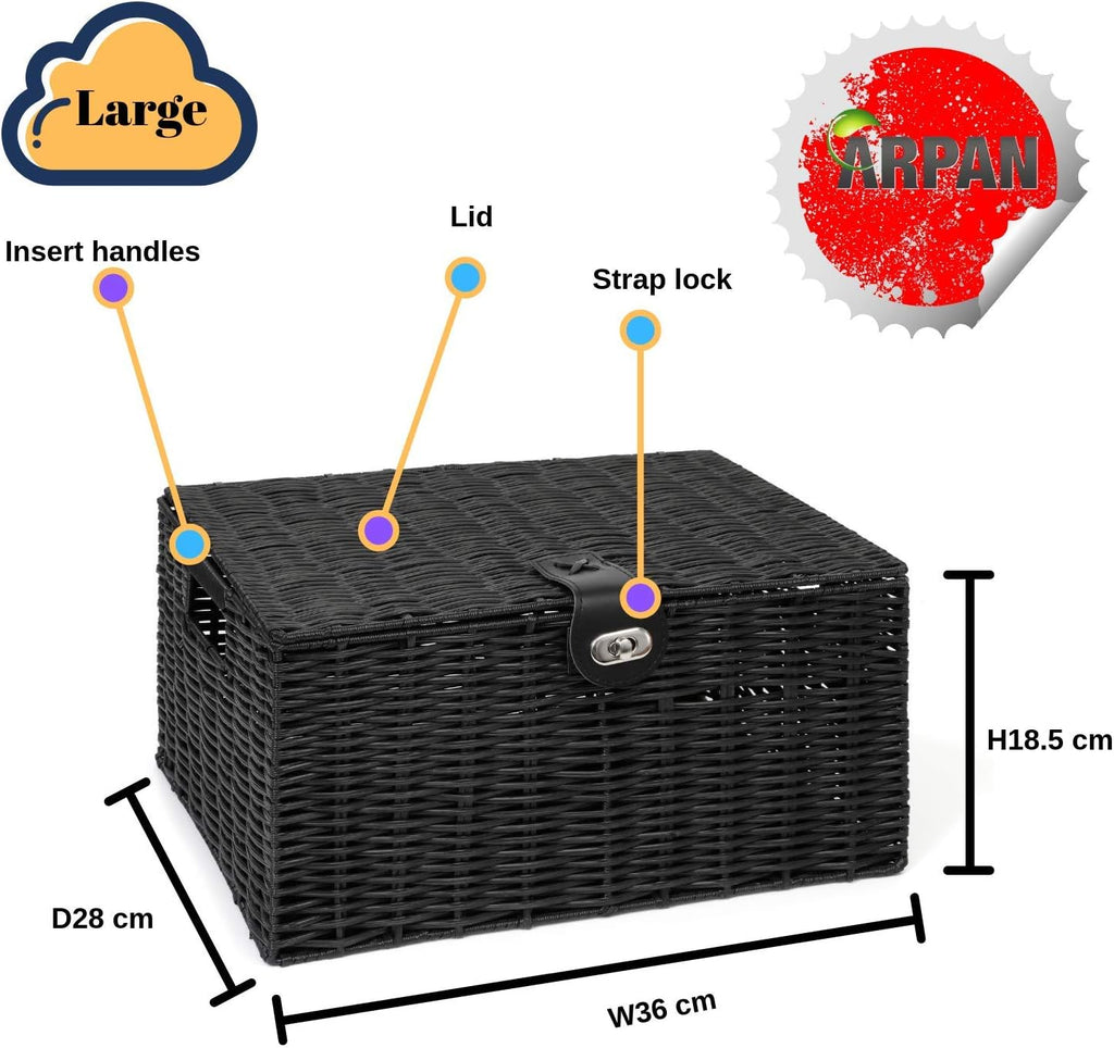 Large Resin Woven Storage Basket Box With Lid & Lock - Black