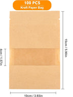 100PCS Kraft Paper Bags With Window 10X15cm Sealable Ziplock Pouches Waterproof for Nut Coffee Beans Tea Leaves Spices Food Storage