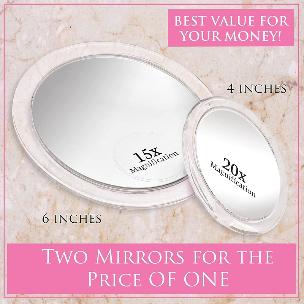 20X & 15X Magnifying Mirror Combo Set with 3 Stick On Suction Cups For Makeup and Tweezing Eyebrows - Compact Handheld Design & Travel Ready - Extremely Strong X20 Zoom - 15cm & Small 10cm Diameter